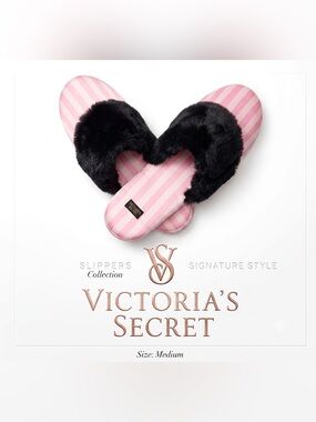 Victoria's Secret Pink Stripe Black Faux Fur Slippers Medium 7-8